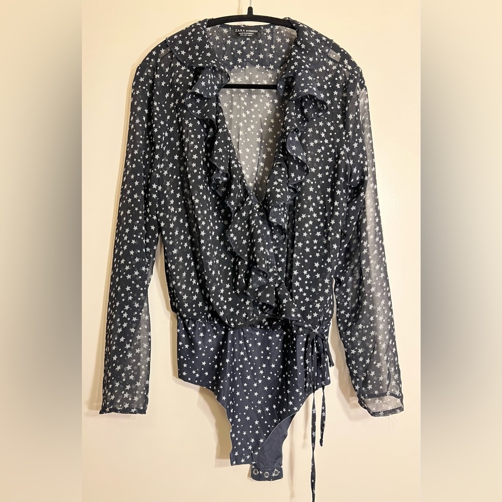 Zara Navy Blue Star Pattern Long Sleeve Blouse